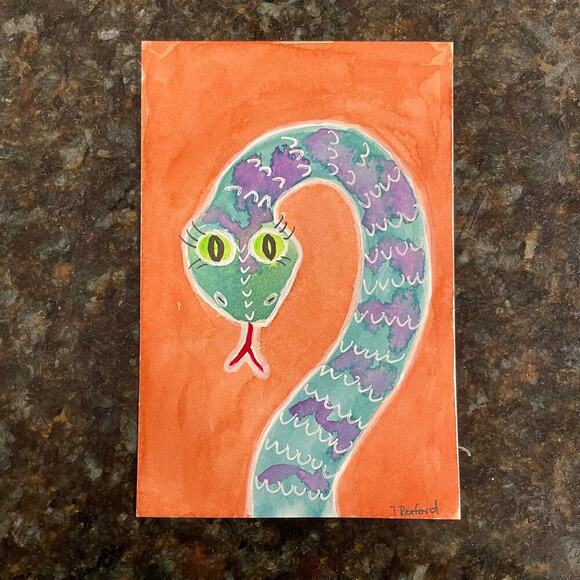 Handmade original watercolor painting whimsical snake 4x6” - Picture 1 of 1